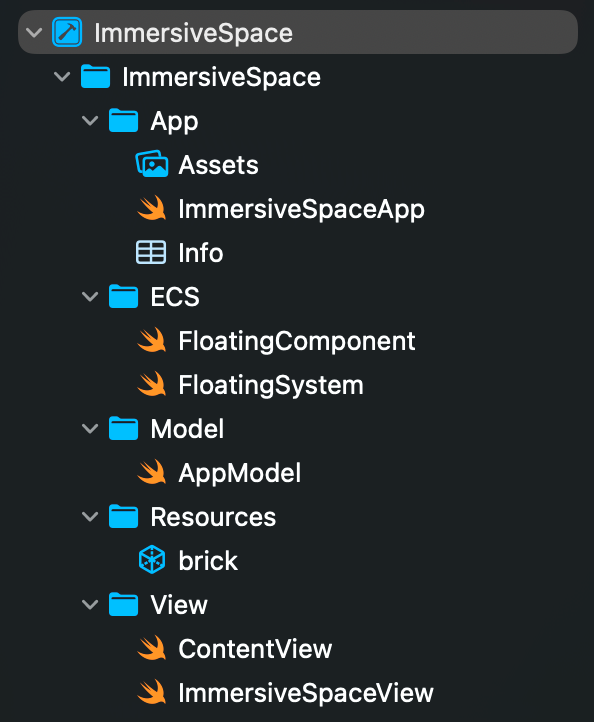 Xcode project structure for an immersive RealityKit scene using the ECS architecture