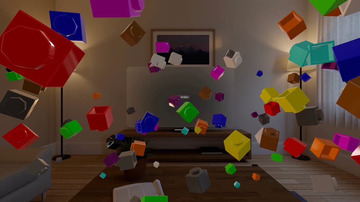 Immersive RealityKit scene showing multiple colorful 3D bricks floating in a Vision Pro environment, built using the ECS architecture