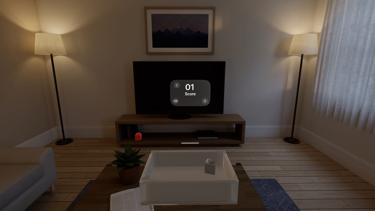 Immersive visionOS scene built with RealityKit ECS showing a score overlay synced with SwiftUI